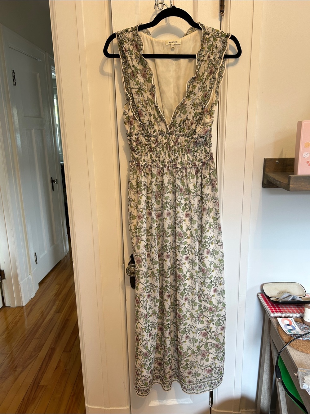 Max Studio Floral V-Neck Maxi Dress - White, Green, Pink